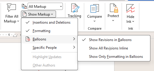 Show markup Balloons menu for track changes viewing options in Word